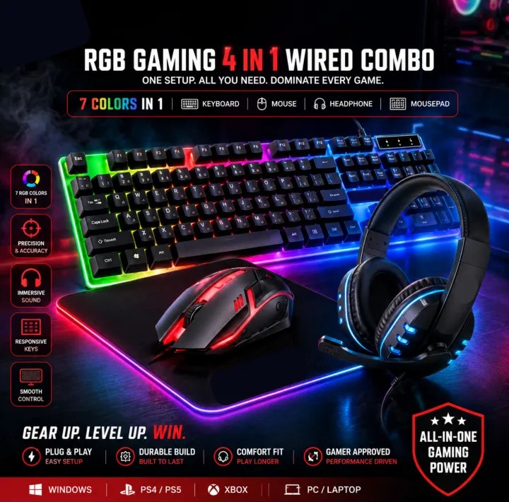 RGB Gaming Keyboard, Mouse, Headphone and Mousepad - 4 in 1 RGB Gaming Wired Combo
