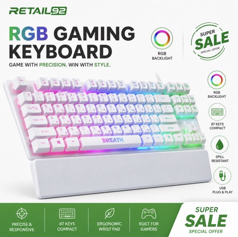 Gaming keyboard defender breath RGB wired keyboard with wrist pad for professional, gaming & normal use 87 keys defender breath rainbow RGB suitable for gaming best for laptop or pc Gaming keyboard defender breath RGB wired keyboard with wrist pad for pr