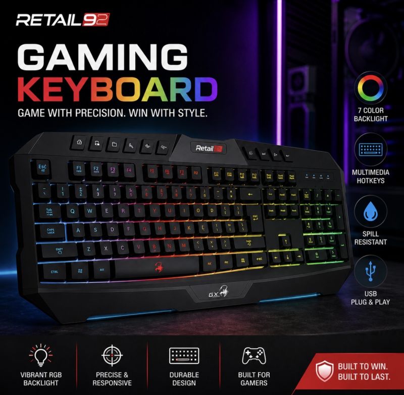 Scorpion Gaming Keyboard Full Membrane Switch Mechanical Like Feel Rainbow LED Backlit With 10 Multimedia Keys Dust And Water Resistance Ergonomic Design - Black