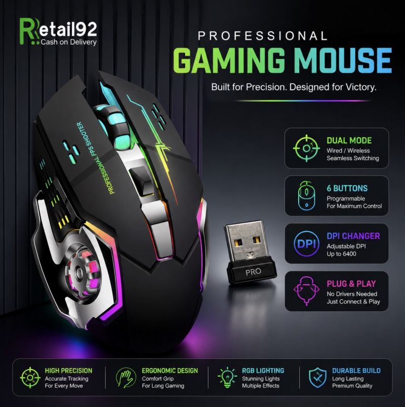 Dual Mode RGB Wireless Bluetooth Gaming Mouse | T2 Rechargeable Mechanical Computer Mouse with FREE Mouse Pad | 2.4GHz USB Dongle + Bluetooth Cordless Mice 3200 DPI 6 Buttons for Smart TV PC Laptop Desktop