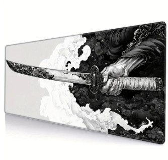 Extended gaming mouse pad with Japanese samurai design, oversized, seam edge, washable, non-slip sole, 31.5x11.8 inches