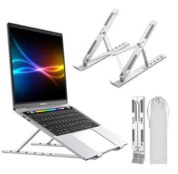 Aluminium Laptop Stand Silver & Black With Detachable Single & Dual Fan Stand For Laptop - 7 Gear To Adjust Height & Anti Slip Rubber Grip - Full Metal Body Adjustable Portable And Foldable Laptop Stand