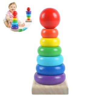 Educational Rainbow Wooden Stacking Ring Tower Game For Montessori Kids