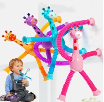 Telescopic Giraffe Suction Cup Toy, Cute Giraffe Stretch Tube Stress Relief Sensory Toy in Four Different Colors Suction Cup Giraffe Pop Tube Sensor Fidget Toy For Kids, Deformable Sensory Suction Cup Plastic Toy, Suction Robot Toy Funny Toy