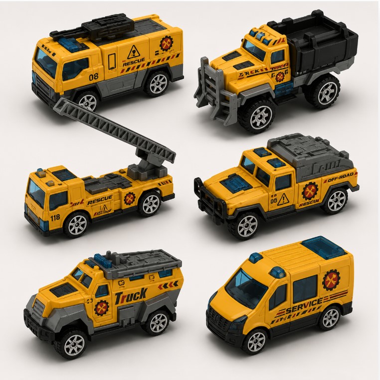 6pcs Mini 1/64 Alloy Diecast Engineering Car Model Fire Truck Excavator Toys for Children Police Military Vehicle Toys Kids Gift