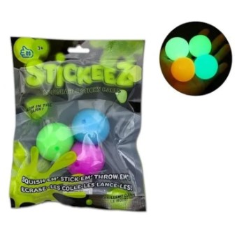 STICK OZZ Pack of 3pcs Glow in The Dark Squishy Sticky Ceiling Balls - Assorted Luminescent Colors - 6pcs Fun Glowing Stick On Wall Squish Stress Balls for Boys and Girls