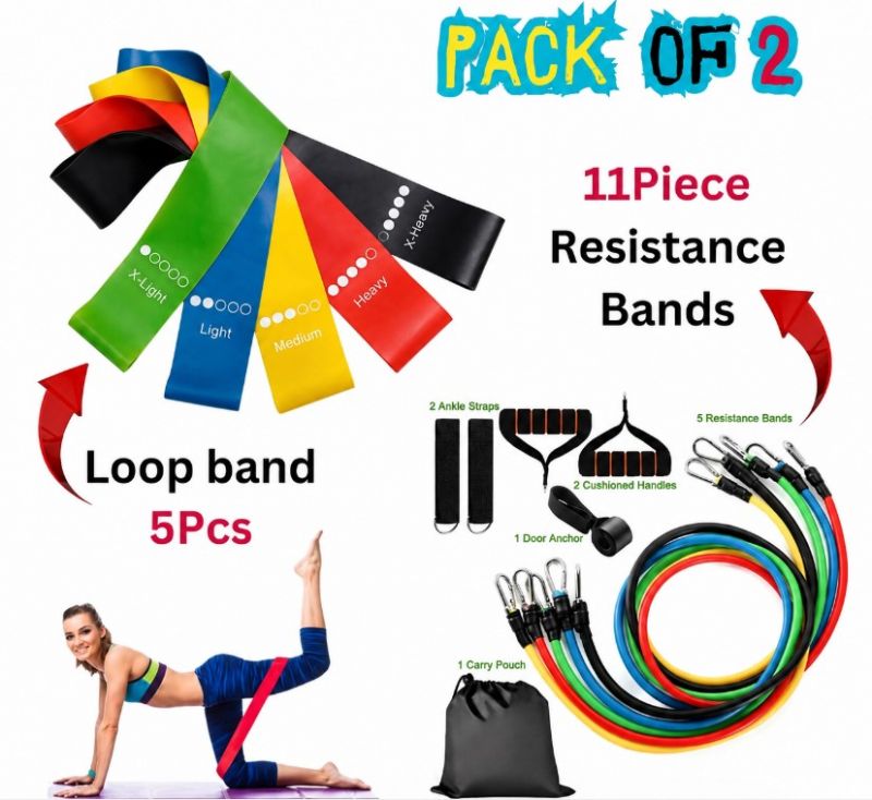 11 Piece Exercise Resistance Bands and 5pcs Loop Band (Pack of 2)