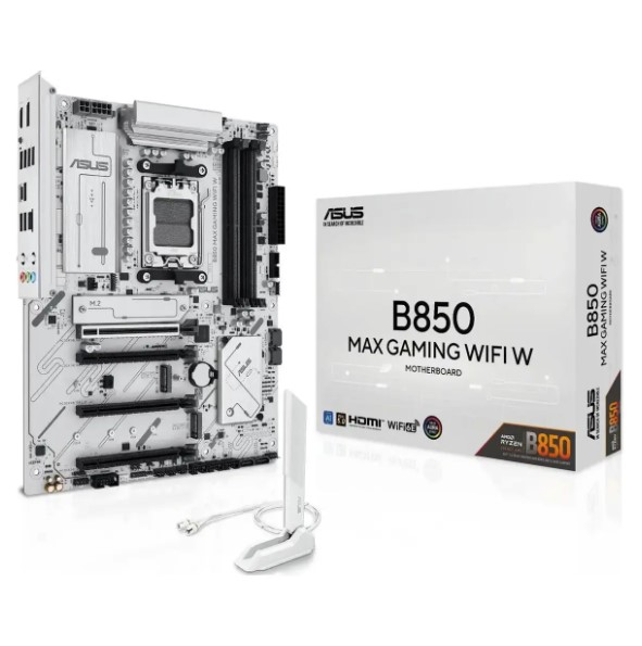 Asus B850 Max Gaming Wifi W AMD AM5 ATX Motherboard, DDR5 8000+MT/s, PCIe 5.0, 3x M.2, Wi-Fi 6E, 2.5Gb LAN, USB 10Gbps Type-C, White PCB
