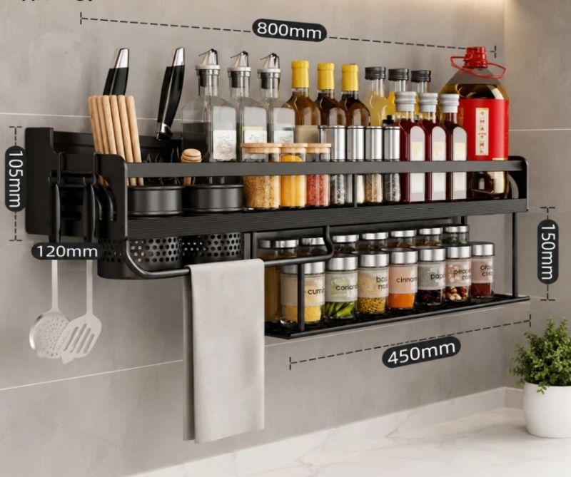 BLACK 80CM DOUBLE LAYER WALL MOUNTED KITCHEN SPICE RACK