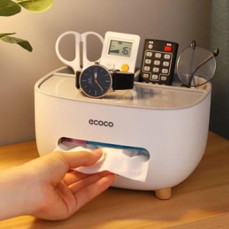 Ecoco Tissue Box With Storage Compartments Multi functional Storage Box With remote Mobile Glasses And Pen Holder ABS Material Organizer for Bathrooms Bedrooms And Office Grey White Compact Design MultiFunctional Use Creative Storage