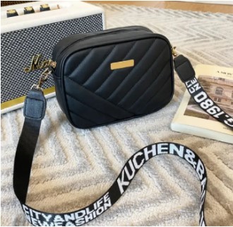 Quilted Crossbody Bag for Women with Logo Strap - Elegant Solid Pattern Shoulder Sling Purse