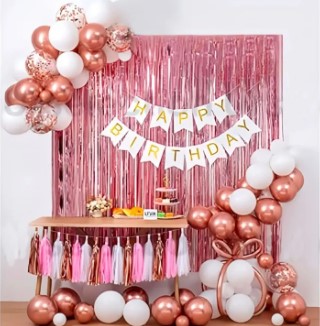Happy Birthday Decoration Set Theme Including 30 Balloons 15 Rose Gold & 15 White Balloons or White Happy Birthday Banner & 3 Confetti Balloons or Rose Gold Foil Curtains