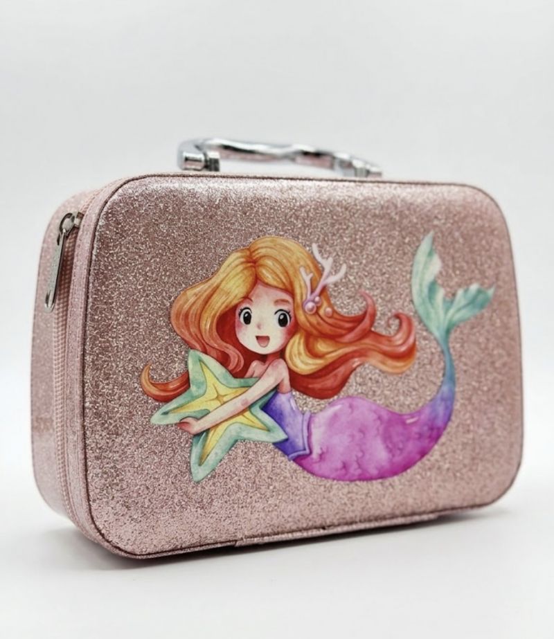 Kids Real Washable Makeup Kit for Girls - Mermaid Cosmetic Set with Glitter Carry Case, Pretend Play Pretend Makeup, Nail Art, & Lip Gloss