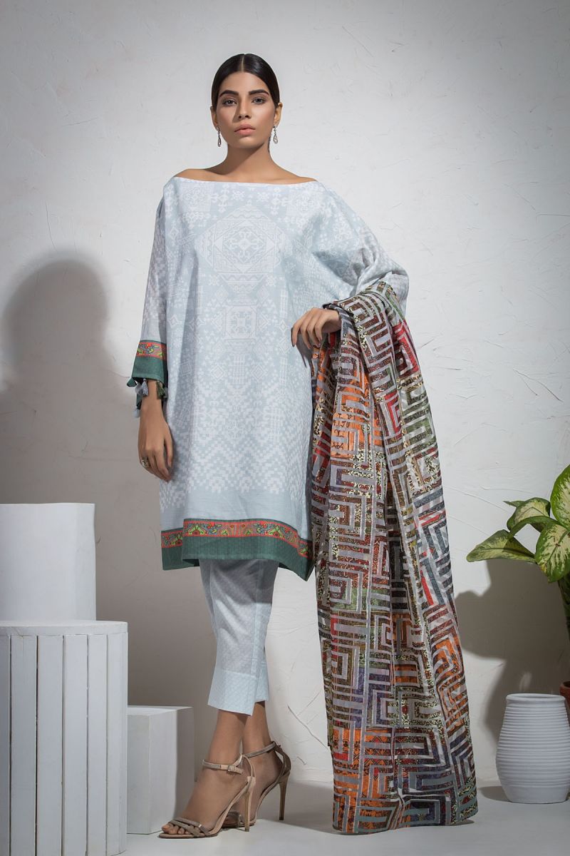 3 Piece Printed Suit with Organza Jacquard Dupatta