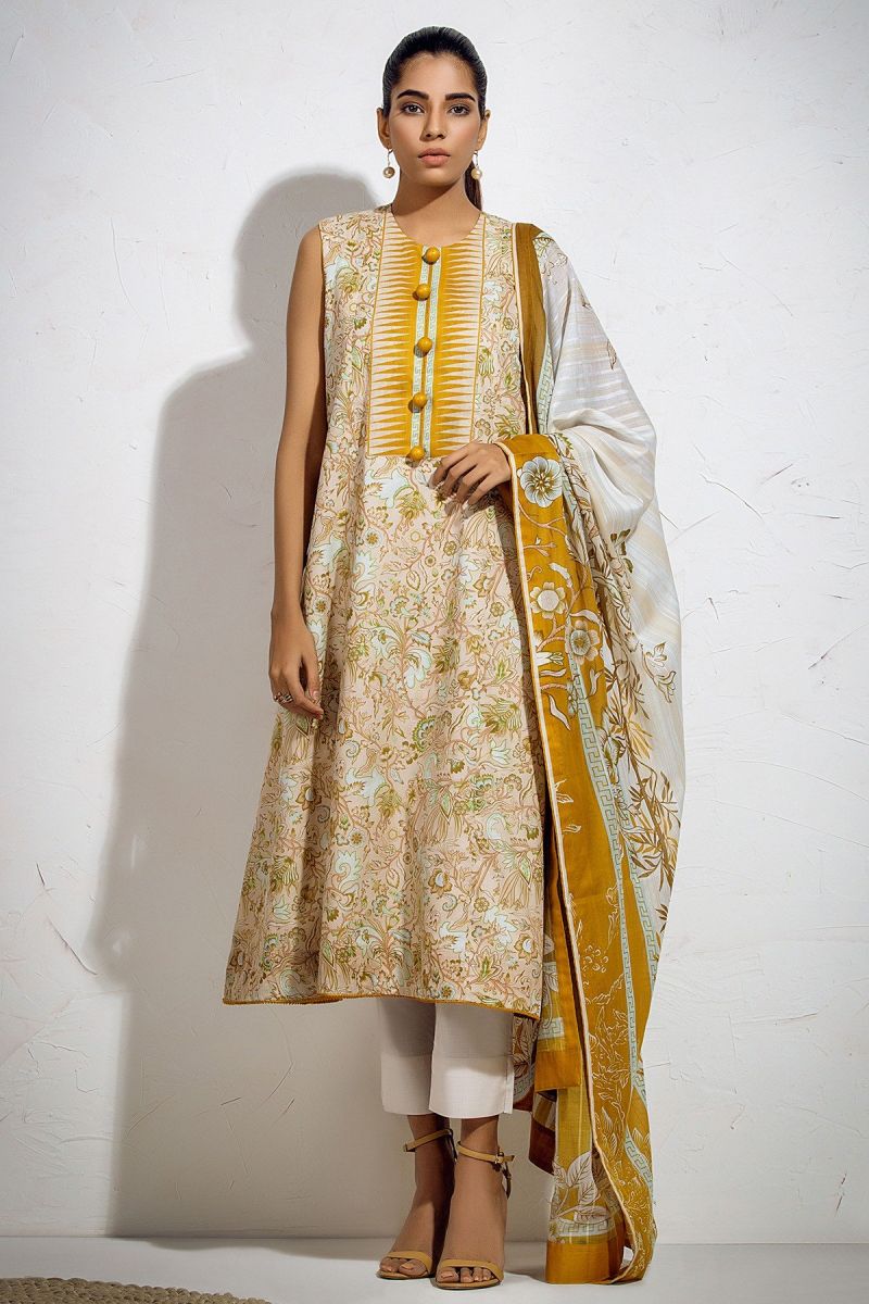 3 Piece Printed Suit with Dobby Lawn Dupatta