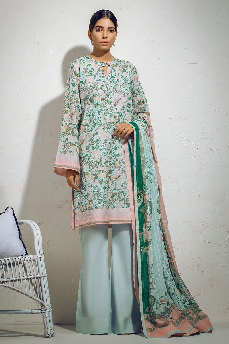 3 Piece Printed Suit with Dobby Lawn Dupatta