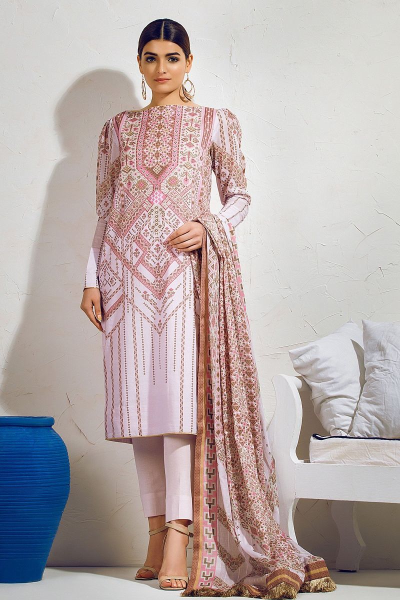 3 Piece Printed Suit with Dobby Lawn Dupatta