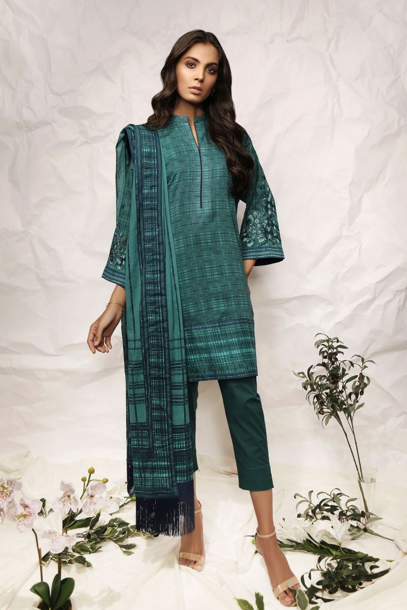 3 Piece Embroidered Suit with Printed Voile Dupatta