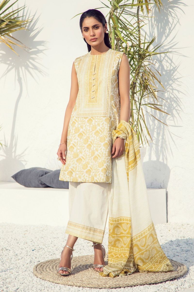 3 Piece Printed Suit with Cotton Net Dupatta