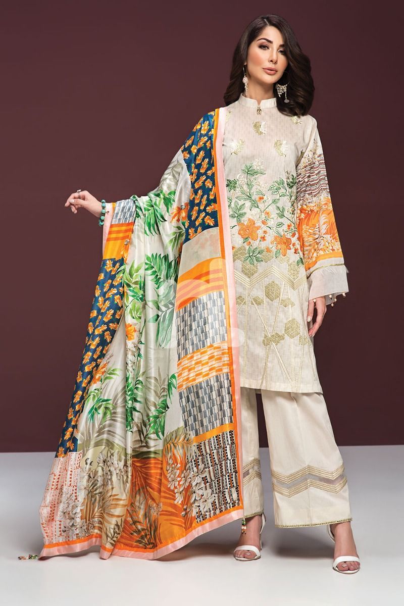 41906131-Lawn & Silk Chiffon – Off White Digital Printed Embroidered 3PC