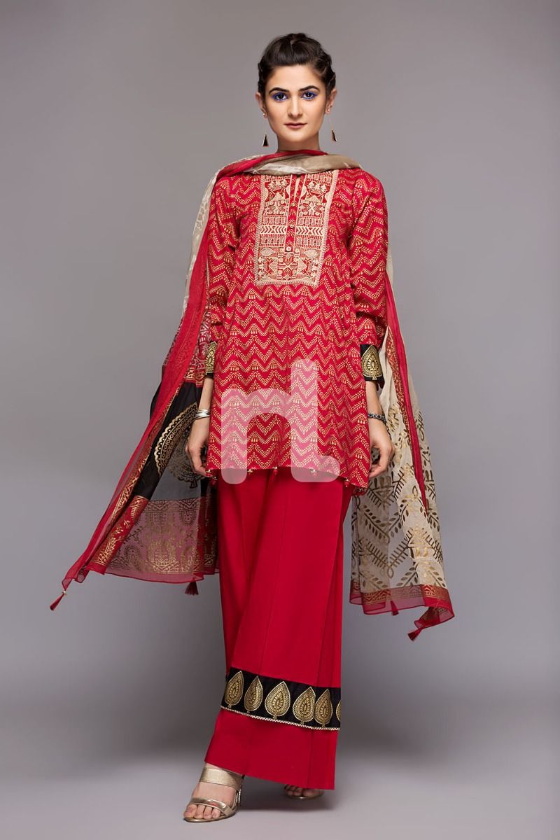 41800466-Lawn & Krinckle Chiffon – Red Gold Printed 3PC