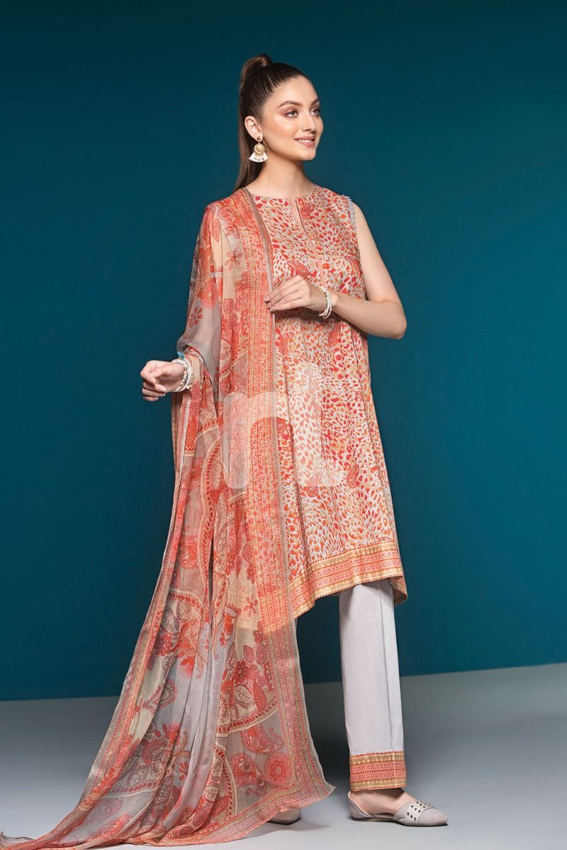 41906126-Lawn & Viscose Krinckle Chiffon – Orange Digital Printed 3PC