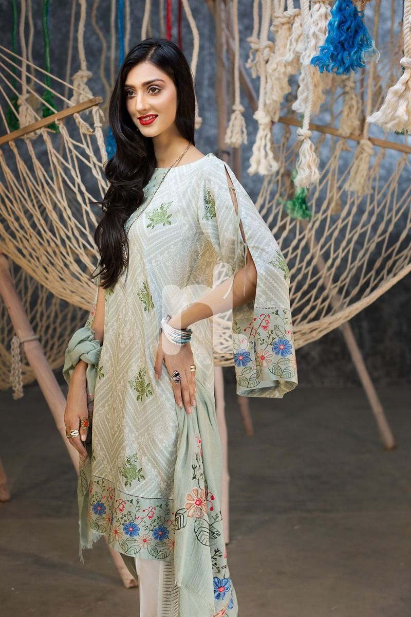 41801038-Embroidered Scarf –Green Embroidered 2PC