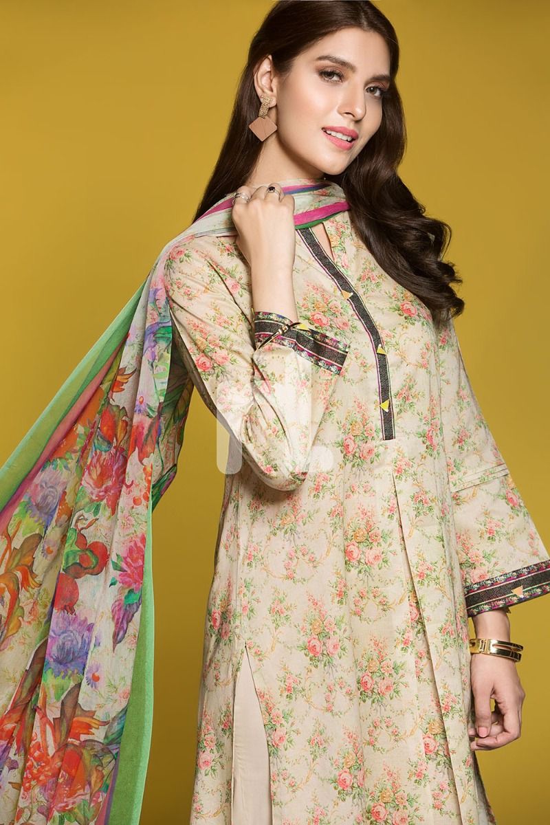 41906072-Lawn & Viscose Krinckle Chiffon– Beige Digital Printed 2PC