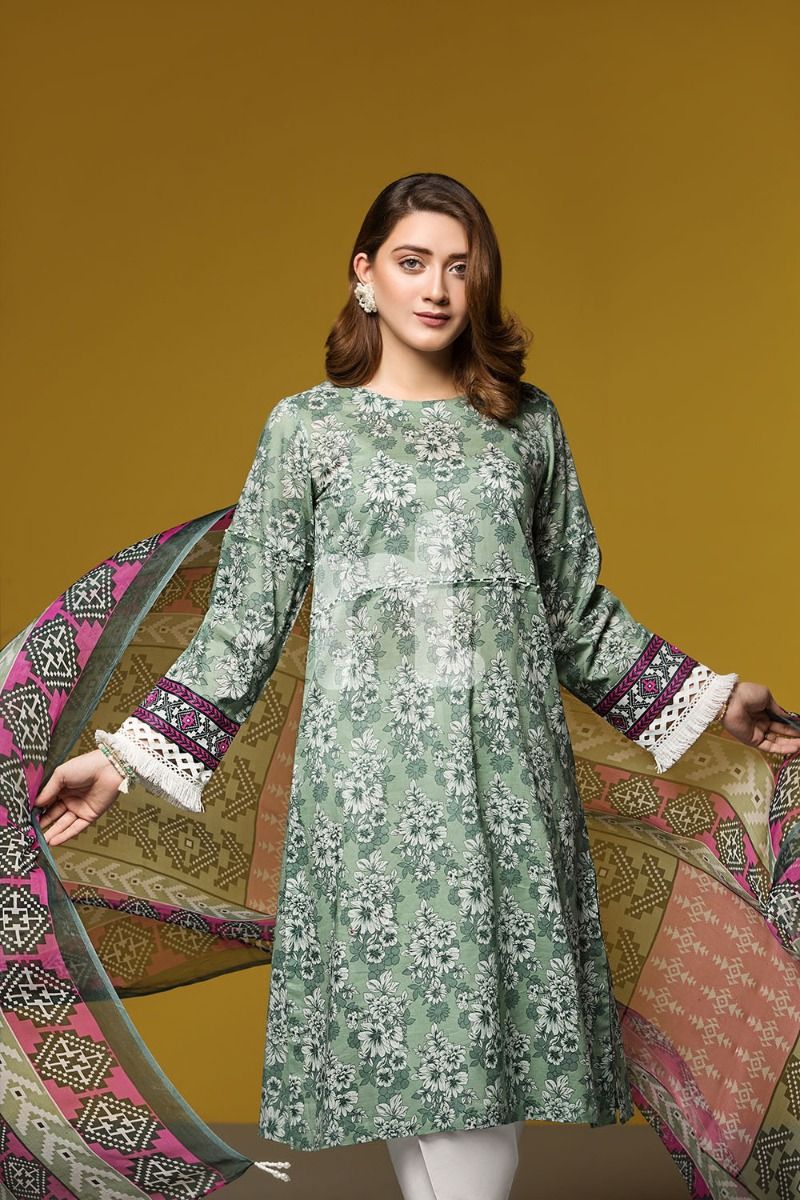 41906070-Lawn & Viscose Krinckle Chiffon– Green Printed 2PC